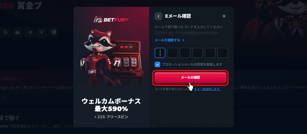 ベットフューリー(BETFURY)メール認証画面