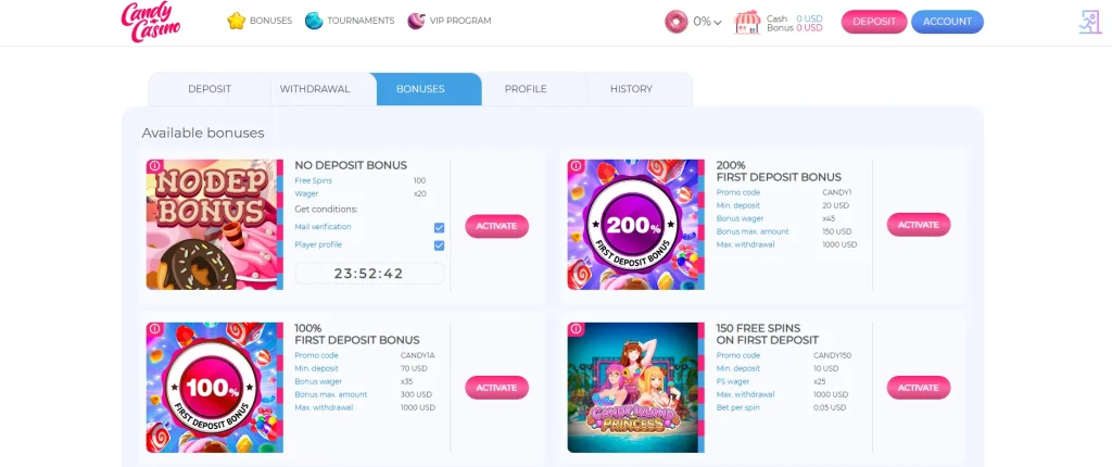 キャンディカジノ（candycasino）入金不要ボーナス有効化手続き