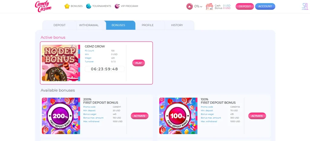 キャンディカジノ（candycasino）ボーナス有効化確認画面