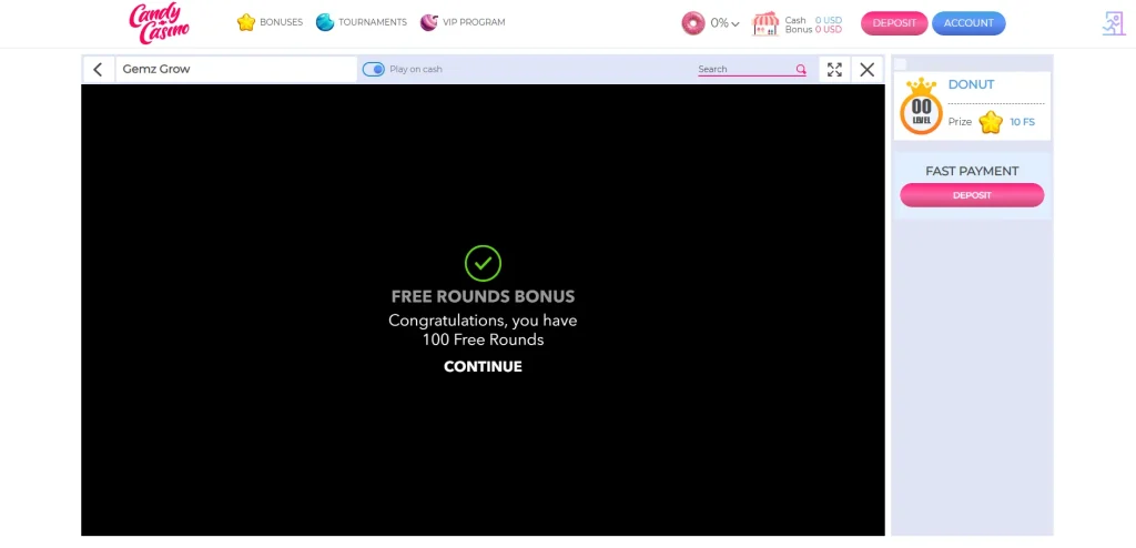 キャンディカジノ（candycasino）入金不要ボーナス受取完了画面