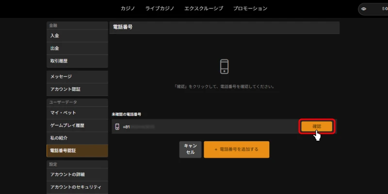パチパチカジノ(PachiPachi Casino)電話番号認証画面