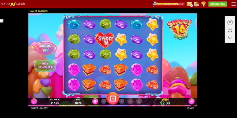Planet7カジノスロットゲーム「SWEET 16 Blast！」プレイ画面