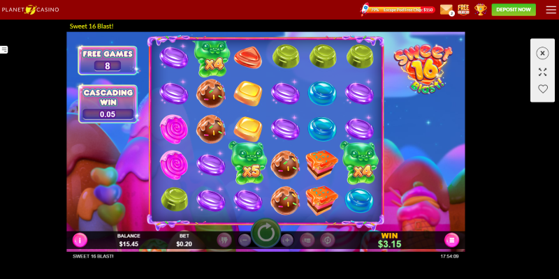 Planet7カジノスロットゲーム「SWEET 16 Blast！」フリースピン画面